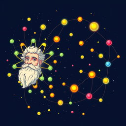 An artistic representation of Democritus' atomic theory, showcasing a colorful, imaginative landscape composed of various atoms symbolizing the building blocks of matter
