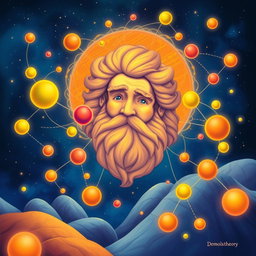 An artistic representation of Democritus' atomic theory, showcasing a colorful, imaginative landscape composed of various atoms symbolizing the building blocks of matter