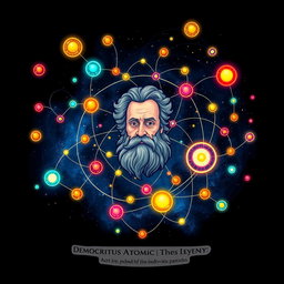 An artistic representation of Democritus' atomic theory, showcasing a colorful, imaginative landscape composed of various atoms symbolizing the building blocks of matter