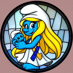 A round stained glass artwork featuring Smurfette holding a baby Smurf in her arms, depicted in the authentic Smurfs cartoon style