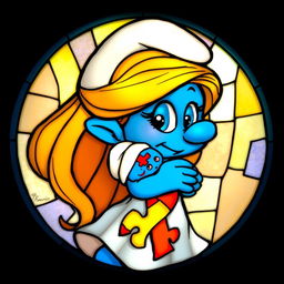 A round stained glass artwork featuring Smurfette holding a baby Smurf in her arms, depicted in the authentic Smurfs cartoon style