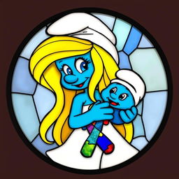 A round stained glass artwork featuring Smurfette holding a baby Smurf in her arms, depicted in the authentic Smurfs cartoon style