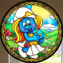 A round stained glass artwork featuring Smurfette lovingly holding a baby Smurf in a joyful embrace