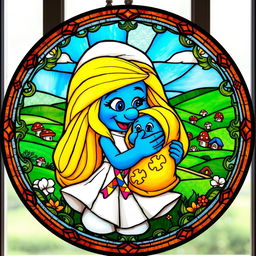 A round stained glass artwork featuring Smurfette lovingly holding a baby Smurf in a joyful embrace