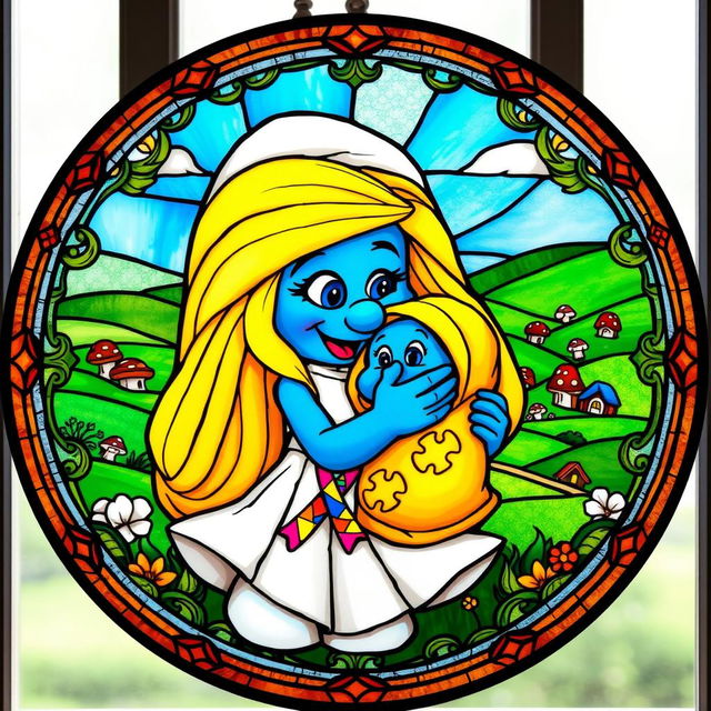 A round stained glass artwork featuring Smurfette lovingly holding a baby Smurf in a joyful embrace