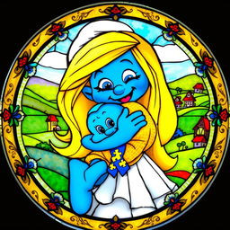 A round stained glass artwork featuring Smurfette lovingly holding a baby Smurf in a joyful embrace