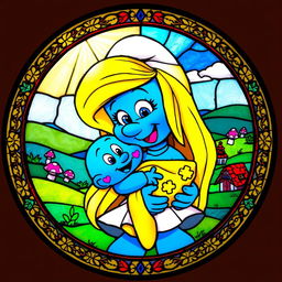 A round stained glass artwork featuring Smurfette lovingly holding a baby Smurf in a joyful embrace