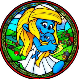 A round stained glass artwork featuring Smurfette lovingly holding a baby Smurf in a joyful embrace