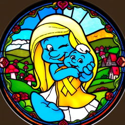 A round stained glass artwork featuring Smurfette lovingly holding a baby Smurf in a joyful embrace