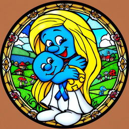 A round stained glass artwork featuring Smurfette lovingly holding a baby Smurf in a joyful embrace