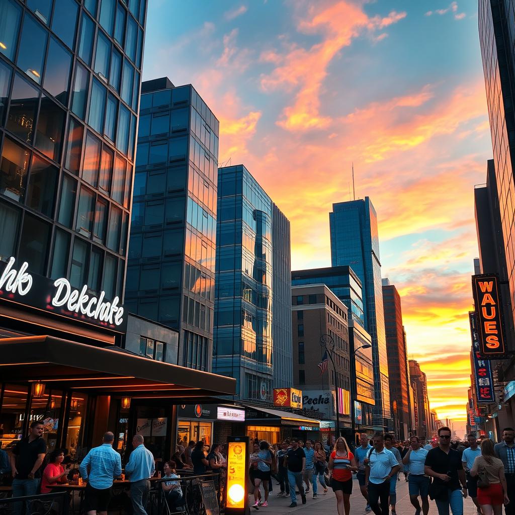 A vibrant and dynamic city street scene showcasing various architectural styles, with a focus on modern buildings made of glass and steel
