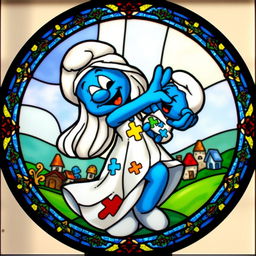 A round stained glass artwork featuring a mother Smurf joyfully lifting her Smurf baby