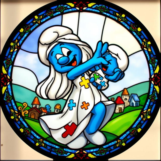 A round stained glass artwork featuring a mother Smurf joyfully lifting her Smurf baby