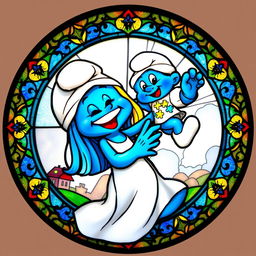 A round stained glass artwork featuring a mother Smurf joyfully lifting her Smurf baby