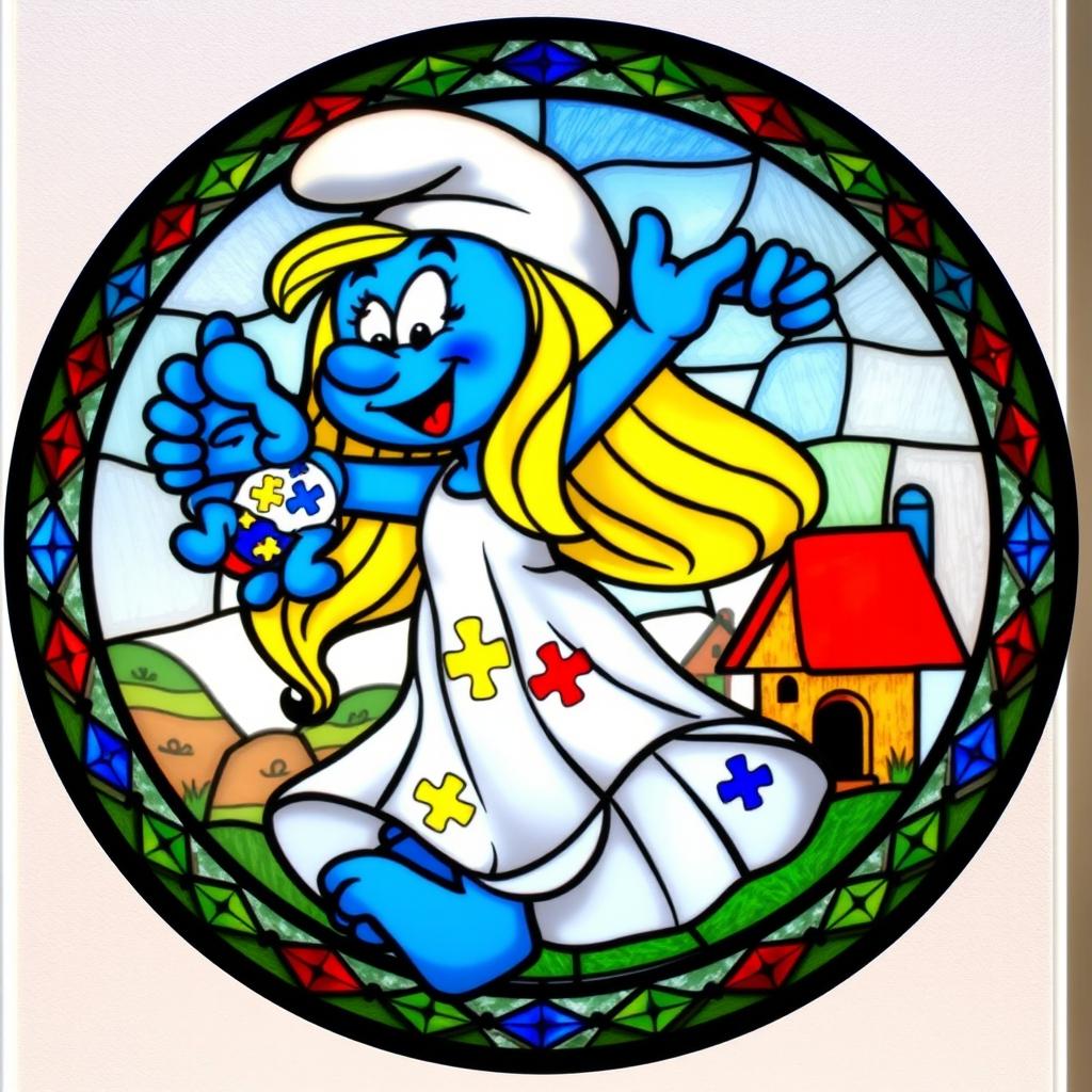 A round stained glass artwork featuring a mother Smurf joyfully lifting her Smurf baby