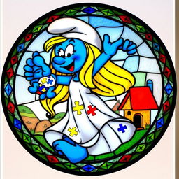 A round stained glass artwork featuring a mother Smurf joyfully lifting her Smurf baby