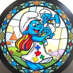 A round stained glass artwork featuring a mother Smurf joyfully lifting her Smurf baby