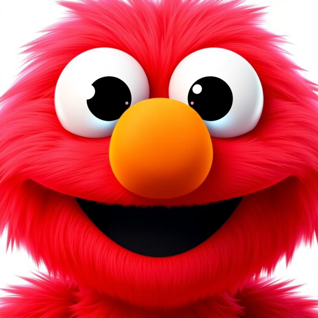 A Pixar-style rendition of Elmo, showcasing a cute, round face with oversized, shiny eyes that sparkle with joy and innocence