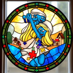 A round stained glass artwork featuring a mother Smurf joyfully lifting her Smurf baby
