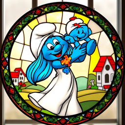 A round stained glass artwork featuring a mother Smurf joyfully lifting her Smurf baby