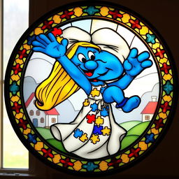 A round stained glass artwork featuring a mother Smurf joyfully lifting her Smurf baby