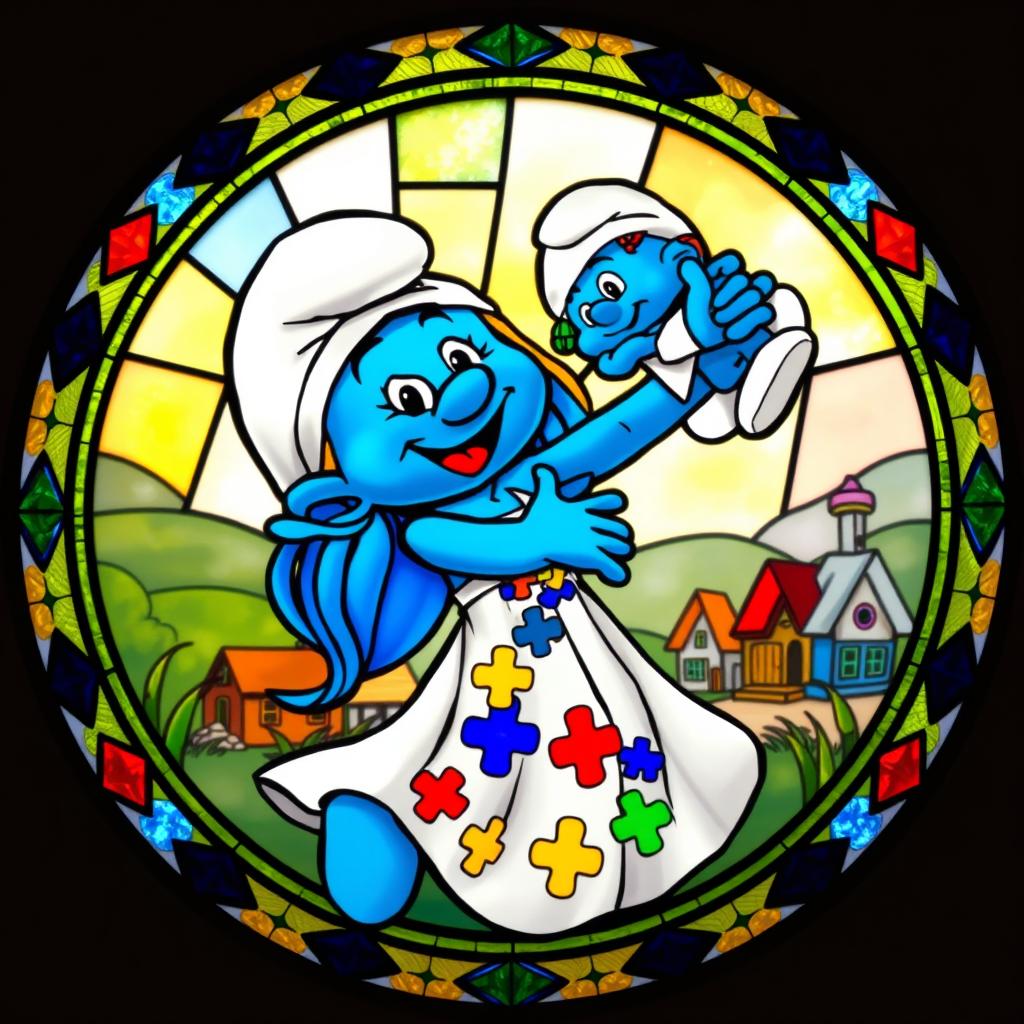 A round stained glass artwork featuring a mother Smurf joyfully lifting her Smurf baby