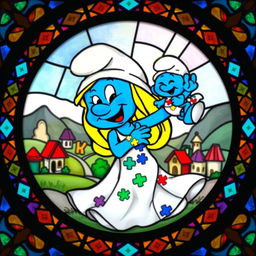 A round stained glass artwork featuring a mother Smurf joyfully lifting her Smurf baby