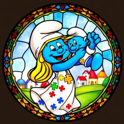A round stained glass artwork featuring a mother Smurf joyfully lifting her Smurf baby