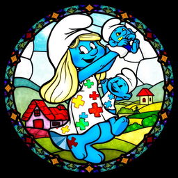 A round stained glass artwork featuring a mother Smurf joyfully lifting her Smurf baby