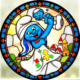 A round stained glass artwork featuring a mother Smurf joyfully lifting her Smurf baby