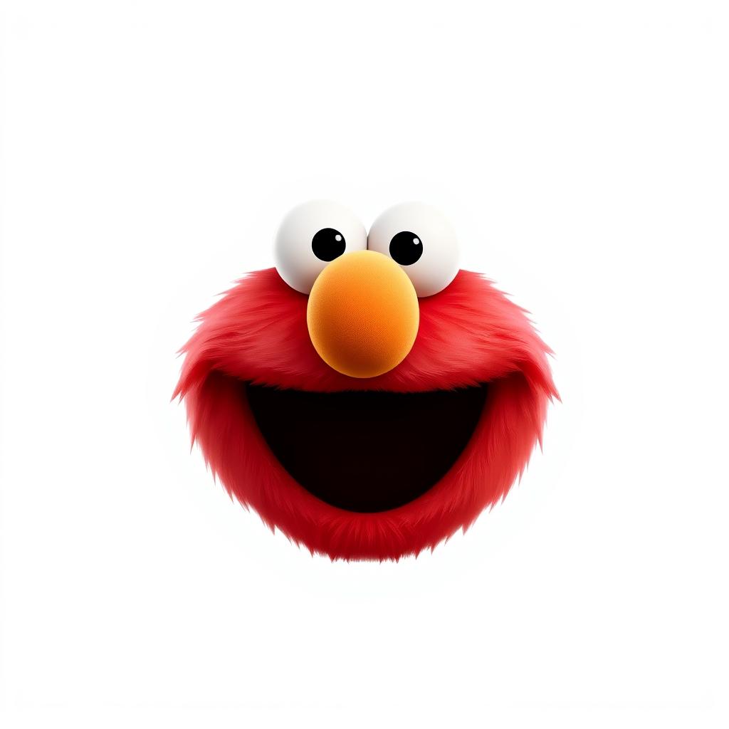 A vibrant Pixar-inspired version of Elmo, characterized by a round face and bright red fur, set against a clean white background
