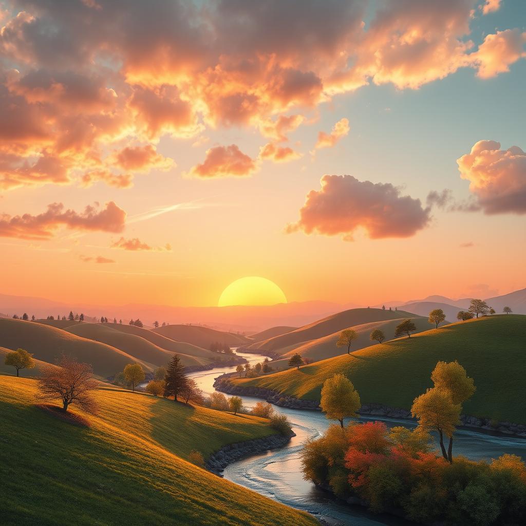 A modernized version of an existing beautiful landscape image, showcasing the same core elements like rolling hills, a serene sunset, and gentle flowing rivers