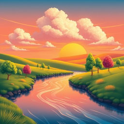 A modernized version of an existing beautiful landscape image, showcasing the same core elements like rolling hills, a serene sunset, and gentle flowing rivers