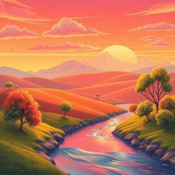 A modernized version of an existing beautiful landscape image, showcasing the same core elements like rolling hills, a serene sunset, and gentle flowing rivers
