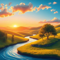 A modernized version of an existing beautiful landscape image, showcasing the same core elements like rolling hills, a serene sunset, and gentle flowing rivers