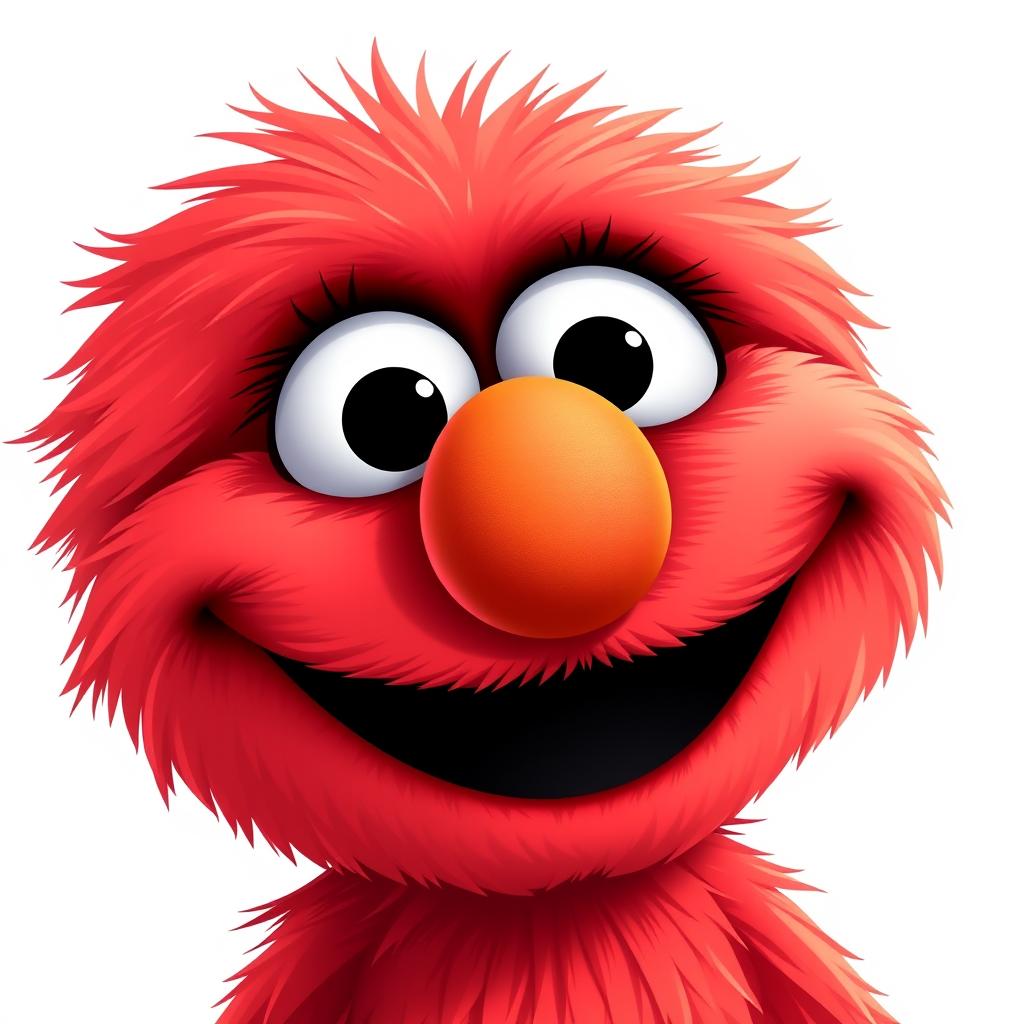 A charming Pixar-inspired rendition of Elmo, featuring his iconic vibrant red fur and a round, cheerful face