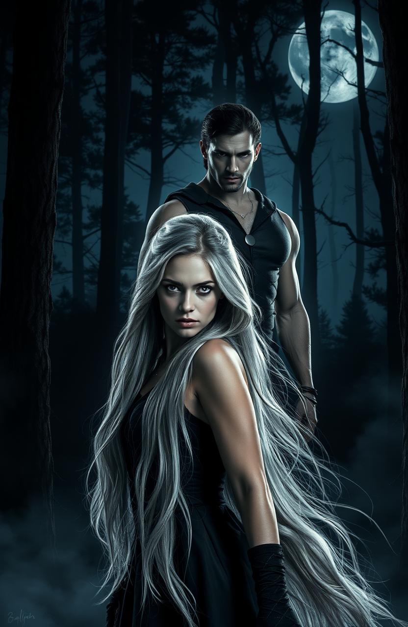 A dramatic scene set in a moonlit forest, with dark, towering trees casting long shadows