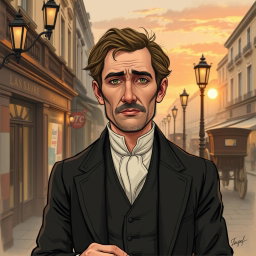 A detailed illustration of Monsieur Loisel, a character from Guy de Maupassant's "The Necklace