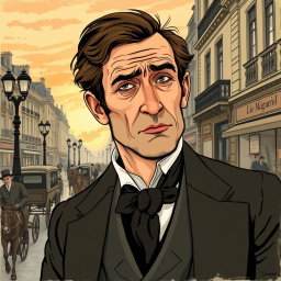 A detailed illustration of Monsieur Loisel, a character from Guy de Maupassant's "The Necklace
