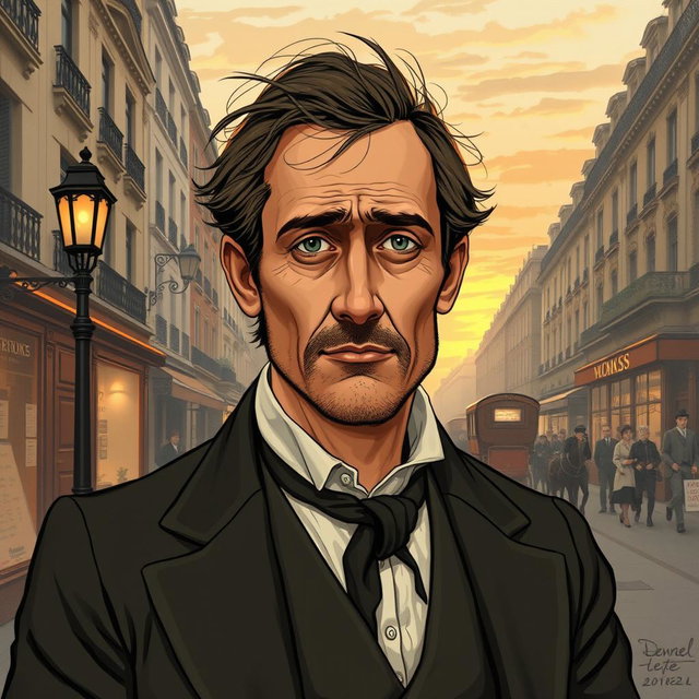 A detailed illustration of Monsieur Loisel, a character from Guy de Maupassant's "The Necklace