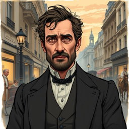 A detailed illustration of Monsieur Loisel, a character from Guy de Maupassant's "The Necklace