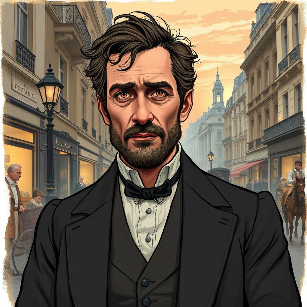 A detailed illustration of Monsieur Loisel, a character from Guy de Maupassant's "The Necklace