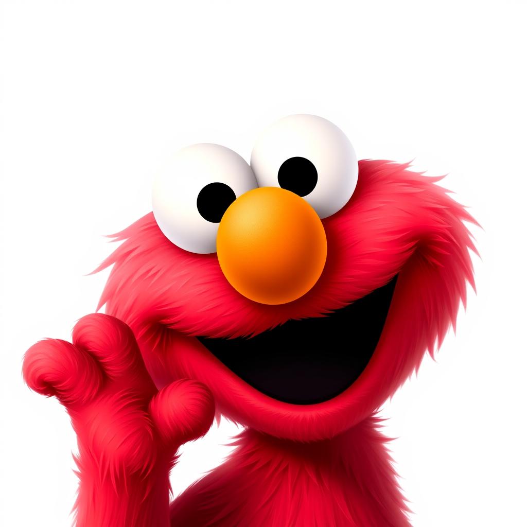 A delightful Pixar-style interpretation of Elmo, showcasing his signature bright red fur, adorable round face, and expressive eyes filled with joy