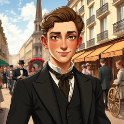 A vibrant depiction of a young Monsieur Loisel, inspired by Guy de Maupassant's "The Necklace," portrayed as a charming and generous man in 1884 Paris