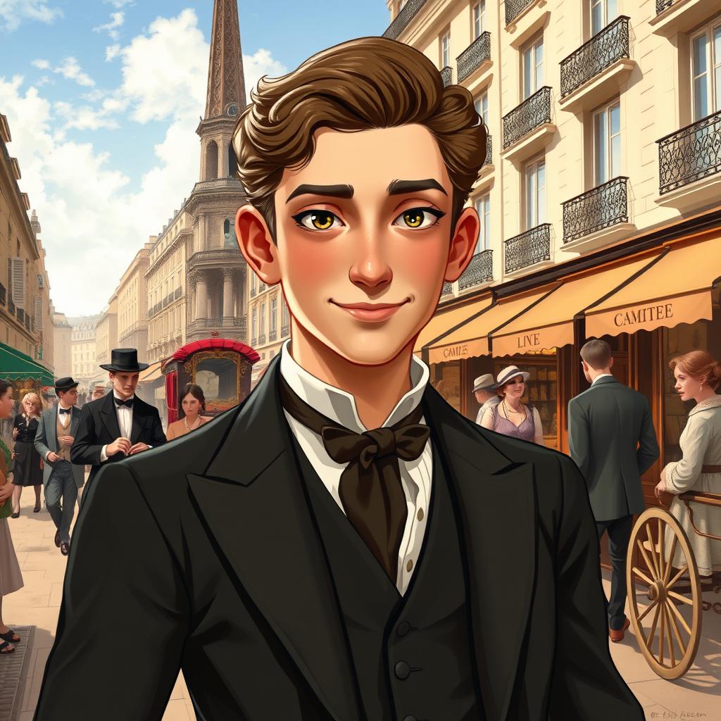 A vibrant depiction of a young Monsieur Loisel, inspired by Guy de Maupassant's "The Necklace," portrayed as a charming and generous man in 1884 Paris