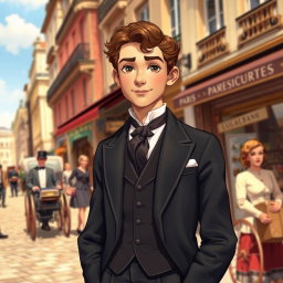 A vibrant depiction of a young Monsieur Loisel, inspired by Guy de Maupassant's "The Necklace," portrayed as a charming and generous man in 1884 Paris