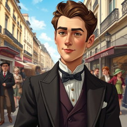 A vibrant depiction of a young Monsieur Loisel, inspired by Guy de Maupassant's "The Necklace," portrayed as a charming and generous man in 1884 Paris