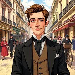 A vibrant depiction of a young Monsieur Loisel, inspired by Guy de Maupassant's "The Necklace," portrayed as a charming and generous man in 1884 Paris