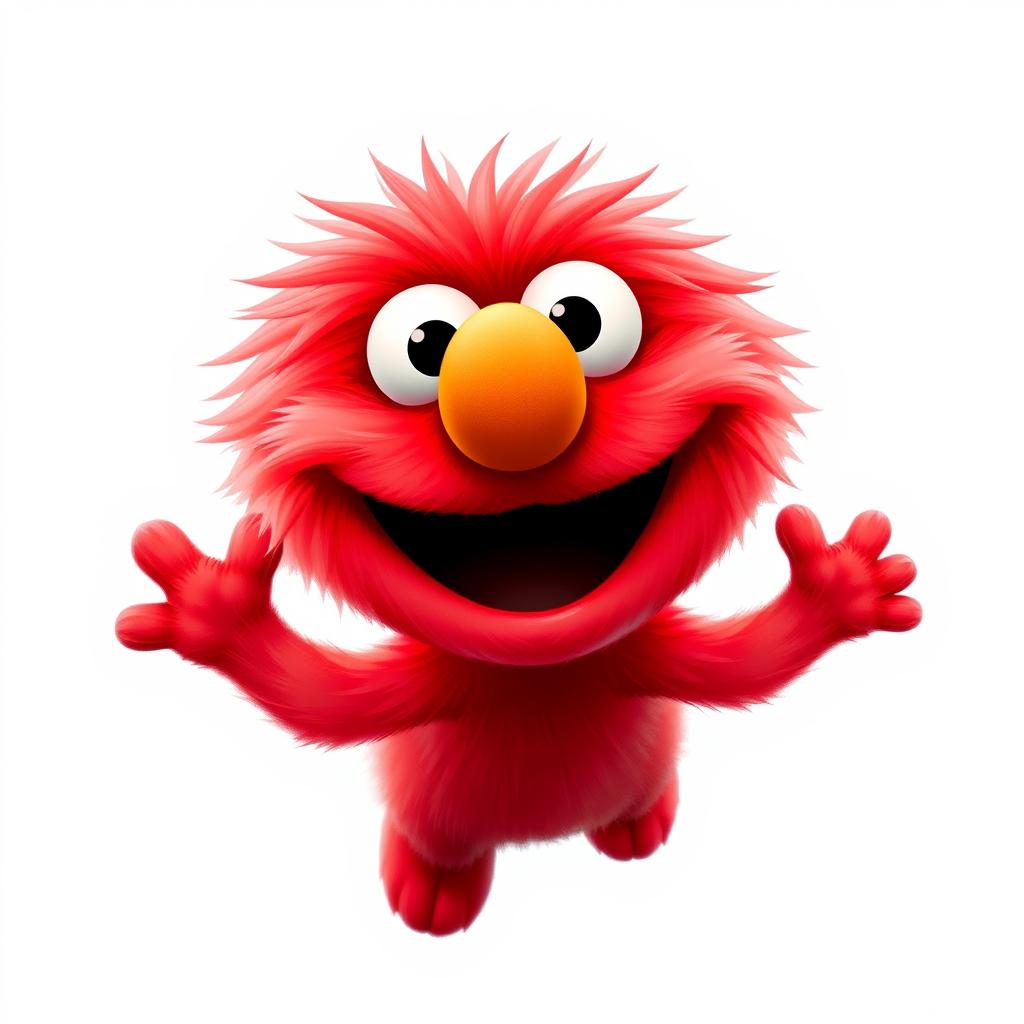 A charming Pixar-style rendition of Elmo, showcasing his vivid bright red fur and his cheerful, round face