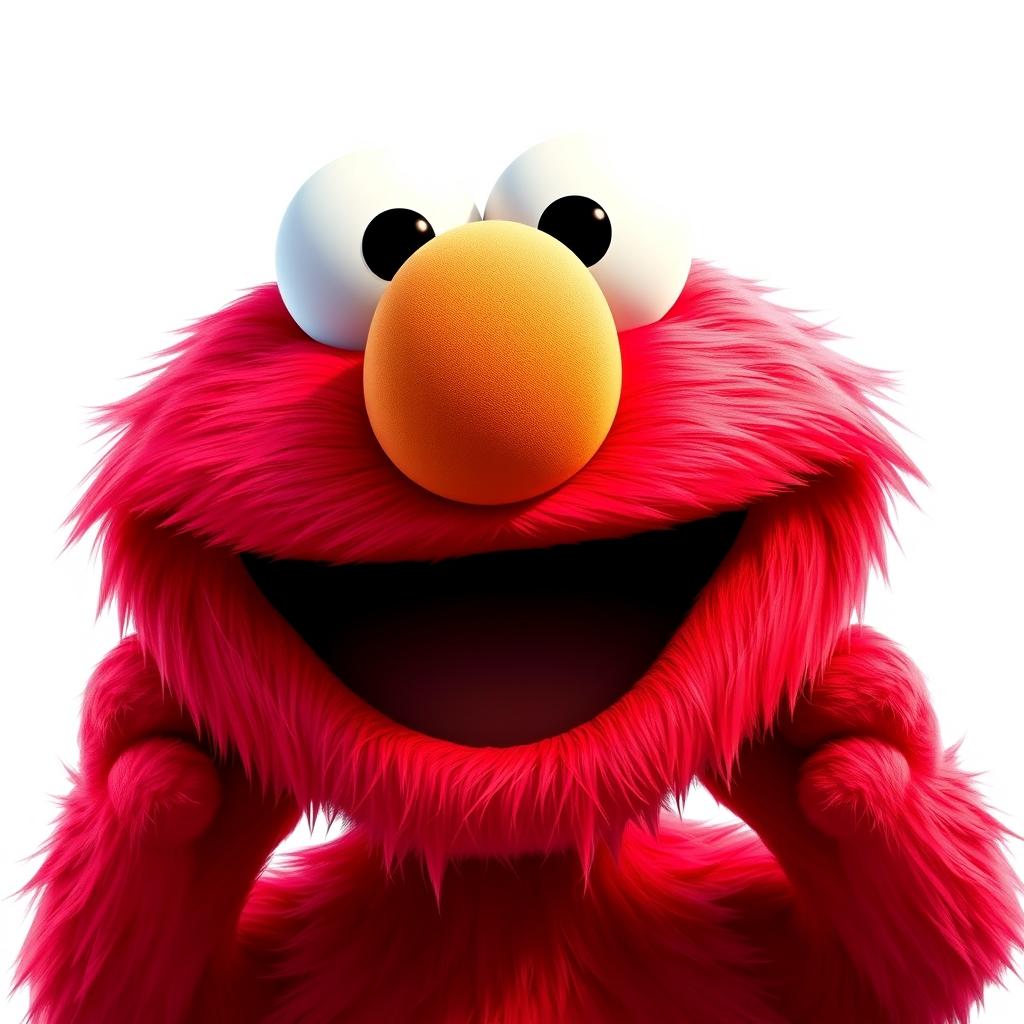 A captivating Pixar-style rendition of Elmo, characterized by his vibrant bright red fur and a big, cheerful face